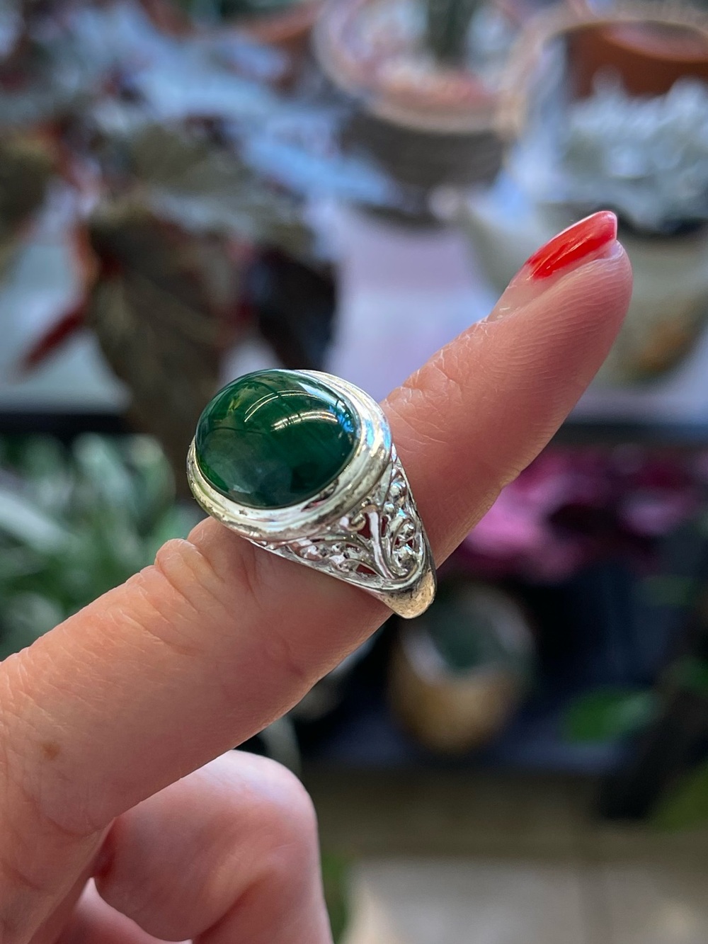 Sterling Silver Malachite Cabochon Estate Ring – Ornate Filigree – Size 6